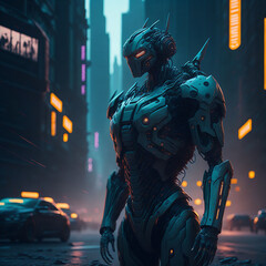 Fototapeta premium 3D rendering of cyborg in the city at night.