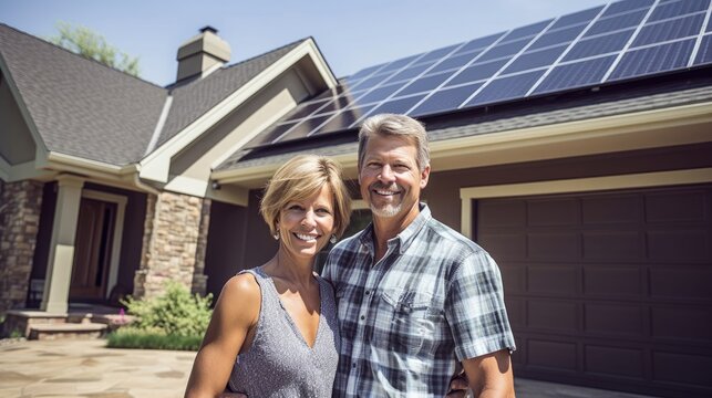 A happy couple stands smiling in the driveway of a large house with solar panels installed. 