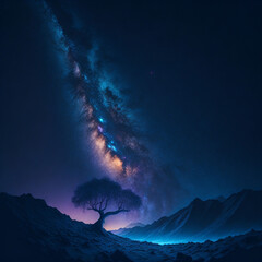 Fantasy landscape with tree and milky way.