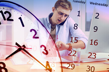 Deadline management. Multiple exposure of busy man working in office, calendar and clock