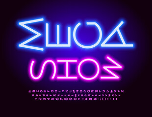 Vector neon poster Mega Show. Rotated glowing Font. Purple Led Alphabet Letters, Numbers and Symbols set