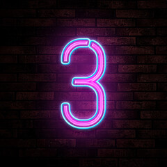 Glowing neon number 3 sign on brick wall