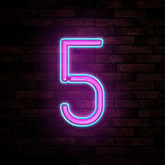 Glowing neon number 5 sign on brick wall
