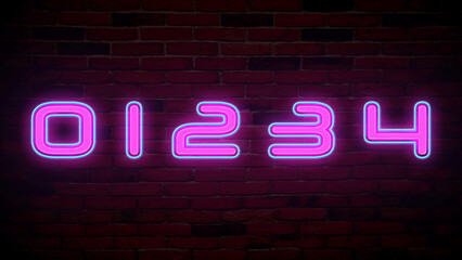 Glowing neon number (0, 1, 2, 3, 4) signs on brick wall