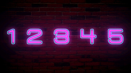 Glowing neon number (1, 2, 3, 4, 5) signs on brick wall