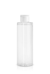 Transparent bottle with cosmetic product on white background