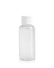 Transparent bottle with cosmetic product on white background