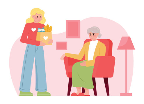 Young woman in uniform helping elderly lady and giving food. Volunteering organization member. Cartoon character helping old people. Flat vector illustration in red colors