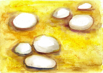 Background. White stones on yellow sand. Watercolor blur. Light shadows, spots in places. Stones of different sizes are chaotically arranged. Beach.