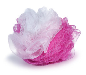 Pink net plastic shower sponge aka Bath puff, Bath Body Scrubber Loofah isolated on white...