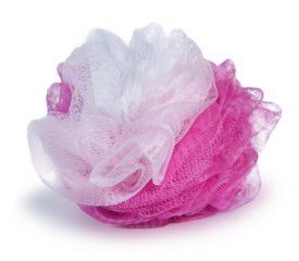 Pink net plastic shower sponge aka Bath puff, Bath Body Scrubber Loofah isolated on white background.