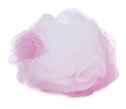 Pink rose plastic net shower sponge aka Bath puff, Bath Body Scrubber Loofah isolated on soft pink background.