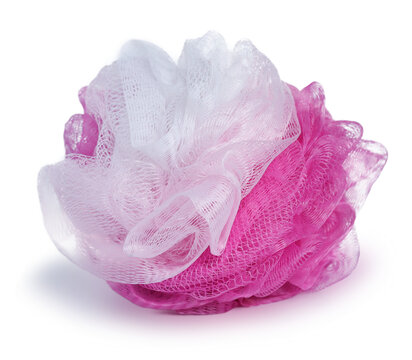 Pink net plastic shower sponge aka Bath puff, Bath Body Scrubber Loofah isolated on white background.