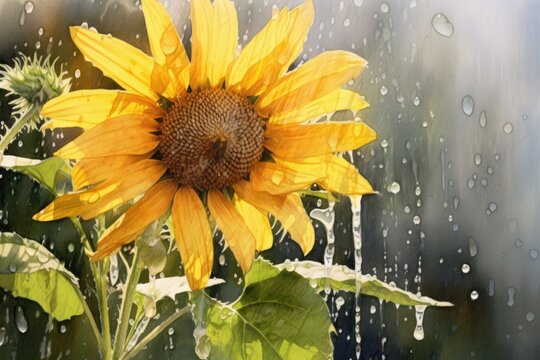 sunflower in the rain, capturing the glistening droplets on the petals and leaves. transparency and create soft, blurred edges to evoke a sense of movement and the refreshing nature of rain