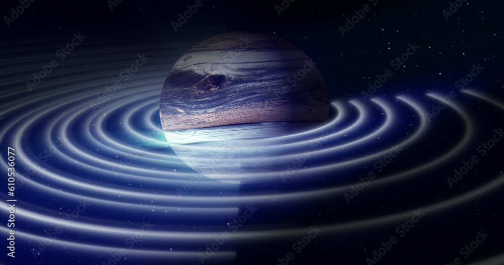 Poster abstract blue space planet with a round asteroid belt ring futuristic hi-tech on the background of s