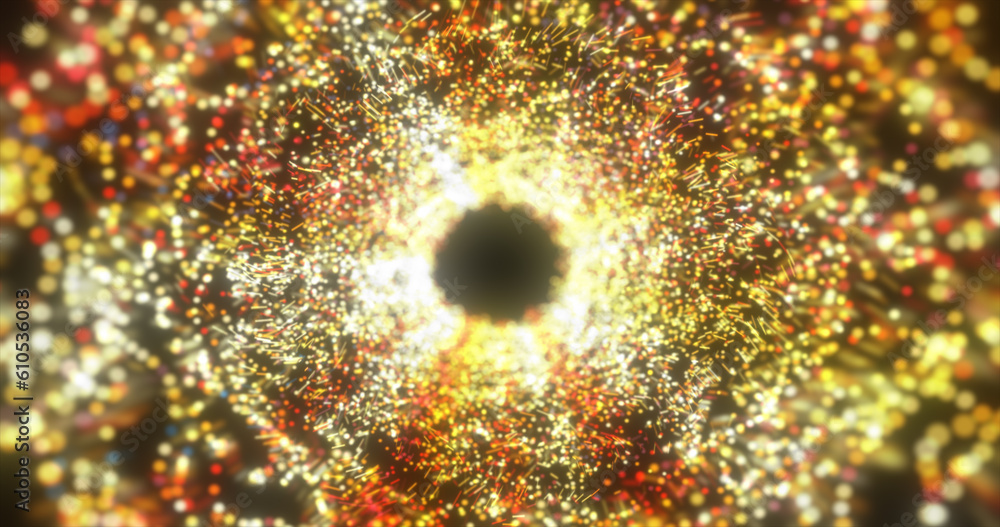 Poster abstract yellow energy tunnel made of particles and a grid of high-tech lines with a glowing backgro
