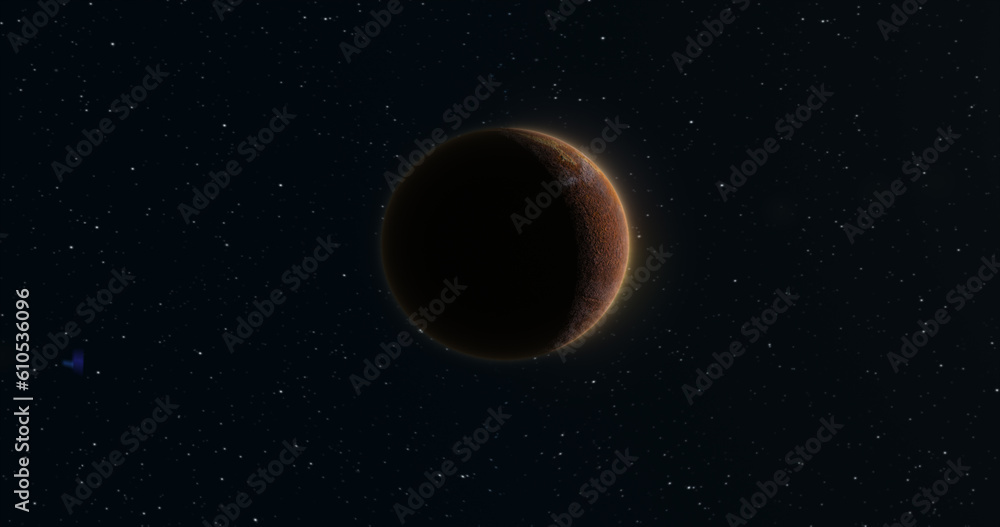 Poster abstract realistic space planet round sphere with a stone relief surface in space against the backgr