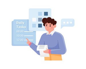Fototapeta na wymiar Cartoon guy schedules daily work tasks according to time. People doing different tasks and activities at work. Process of organizing time in business. Vector illustration