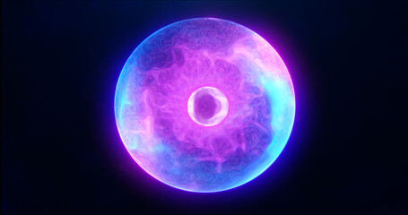 Blue purple energy sphere with glowing bright particles, atom with electrons and elektric magic field scientific futuristic hi-tech abstract background