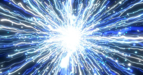 Abstract glowing energy explosion blue swirl fireworks from blue lines and magic particles abstract background