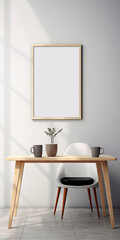 A table in front of a wall with a frame on it. Vertical minimalistic interior design composition. Generative AI