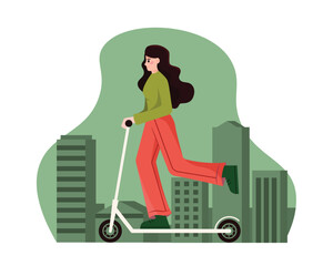 Lady on eco transport. Young female riding electric scooter in modern city. Environmental and nature protection, sport and activity concept. Flat vector illustration in green and red colors