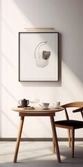 A table in front of a wall with a frame on it. Vertical minimalistic interior design composition. Generative AI