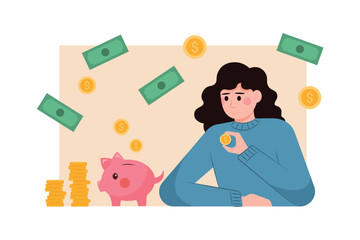 Young female looking at pink piggy bank holding coin. Earning and saving money concept. Finance management practice. High salary. Vector illustration in flat design