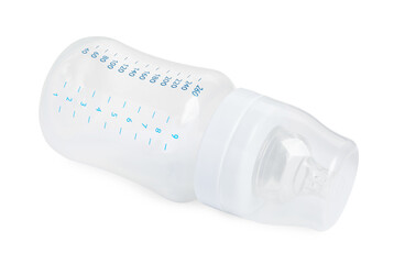One empty feeding bottle for infant formula isolated on white