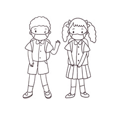 Student boy and girl go to school, outline style vector