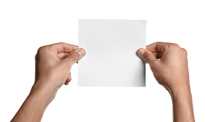 Man holding sheet of paper on white background, closeup. Mockup for design