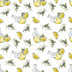 Olive oil, olive branches, leaves and fruits. Watercolor seamless pattern. A jug and a bowl of olive oil on white background. For fabric, packaging paper, scrapbooking, product packaging design