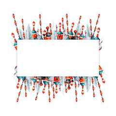 Watercolor drawing rectangle frame from various fishing bobblers, red, white, blue and black with fishing line. Angling gear for wallpapers, logo, banners, icon, cards, leaflets, textiles, postcards
