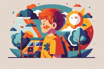 Generative AI. Autism. Child. Early signs of autism syndrome in children. Vector emblem. Children autism spectrum disorder ASD icon. Signs and symptoms of autism in a child