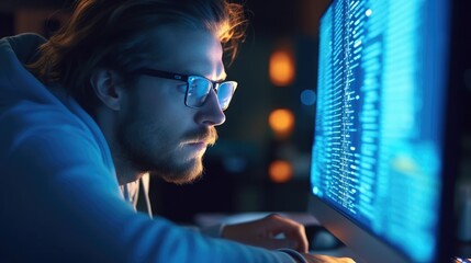 Focused developer coder wears glasses working on computer. Generative AI