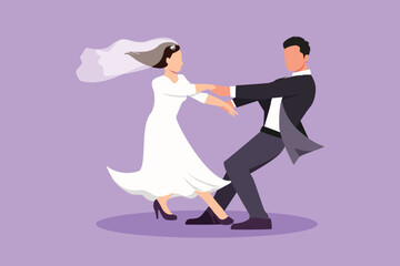 Cartoon flat style drawing happy cheerful boy and pretty girl dancing on the floor at wedding party. Romantic young wedding couple holding hands and spinning around. Graphic design vector illustration