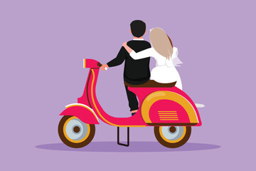 Fototapeta na wymiar Cartoon flat style drawing back view of married riders couple trip. Romantic honeymoon moment with hugging. Man woman with wedding dress riding scooter motorcycle. Graphic design vector illustration