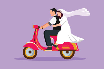 Fototapeta na wymiar Graphic flat design drawing happy married couple riding motorcycle. Man driving scooter and woman are passenger while hugging wearing wedding dress. Driving safely. Cartoon style vector illustration