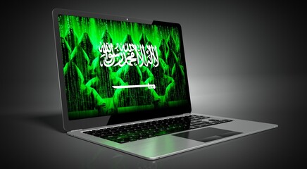 Saudi Arabia - country flag and hackers on laptop screen - cyber attack concept