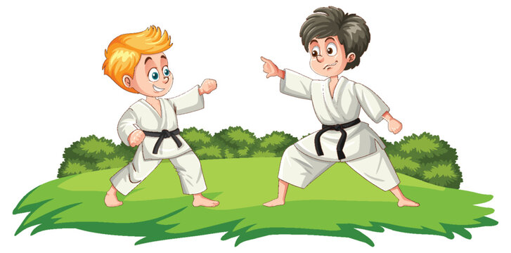 karate kids in white uniform on green field clip art preview