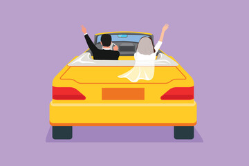 Character flat drawing happy married couple driving in cabriolet car cheering with arms raised. Man and beautiful woman wearing wedding dress going to wedding party. Cartoon design vector illustration