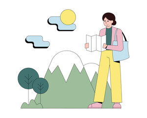 Cartoon character traveling abroad. Active lady standing outside, holding map and walking. Visiting sightseeing during trip. Hike concept. Vector flat illustration