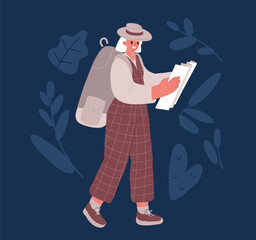 Cartoon vector illustration of Travelers go on the map along the scenic tourist route. Volumetric map with a laid route.