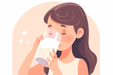 Generative AI. A set young happy woman with a glass of milk in her hand. Childs nutrition. Drink Milk.children consuming drinks, concept of healthy diet and hydration.