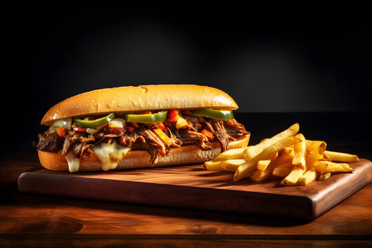Juicy Cheesesteak sandwich with sides on a brown plate. Dark food photography