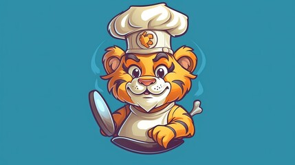 Tiger with a chef's hat and holding a frying pan on blue background. Cartoon character. Cartoon illustration, Generative Ai