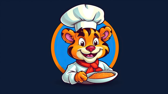 Tiger with a chef's hat and holding a frying pan on dark blue background. Cartoon character. Cartoon illustration, Generative Ai