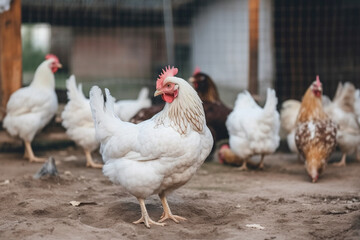 Chicken in a village on a mini farm hay white broilers