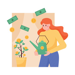 Woman holding watering can and standing near tree with golden coins. Earning and saving money concept. Growing financial income. Finance management practice. Vector illustration in flat design
