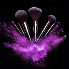 Make-up brushes with purple powder explosion isolated in a black background with Generative AI.